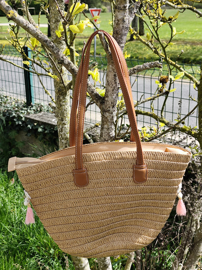 Sac panier d'été CHISIY en paille tressée avec pompons et détails bohèmes