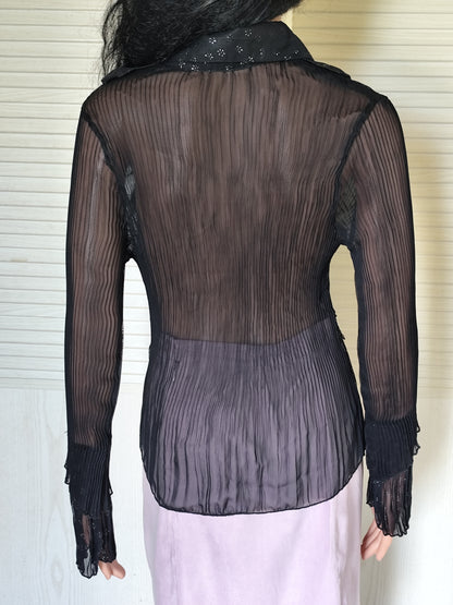 Chemisier noir plissé et perlé Lusa - Style romantique chic - Taille 38/40