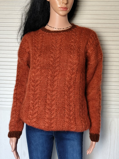Pull vintage tricoté main rouille à torsades - Taille 40/42 ou 36/38 oversize