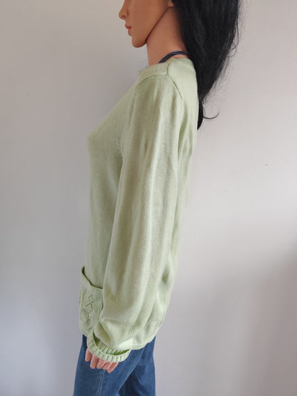 Gilet vert amande Afibel maille ajourée et perles nacrées - taille 38/40