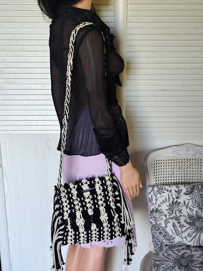Sac bandoulière & main en macramé bicolore Noir & Écru - Collection Pimkie