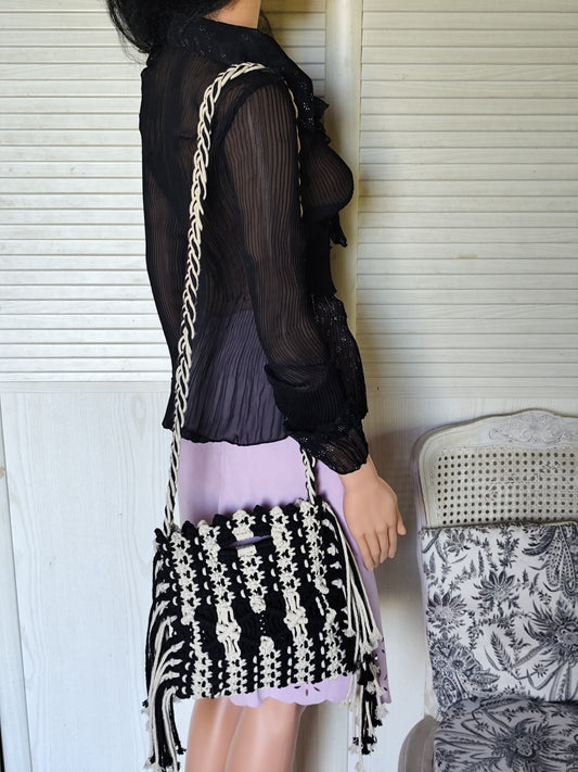 Sac bandoulière & main en macramé bicolore Noir & Écru - Collection Pimkie