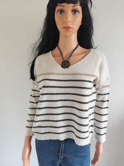 Pull marinière kaki et beige rayé laine mérinos et cachemire - taille 38/40