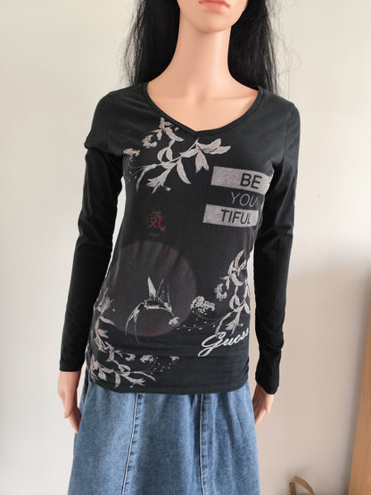 T-shirt manches longues Guess noir imprimé – taille M