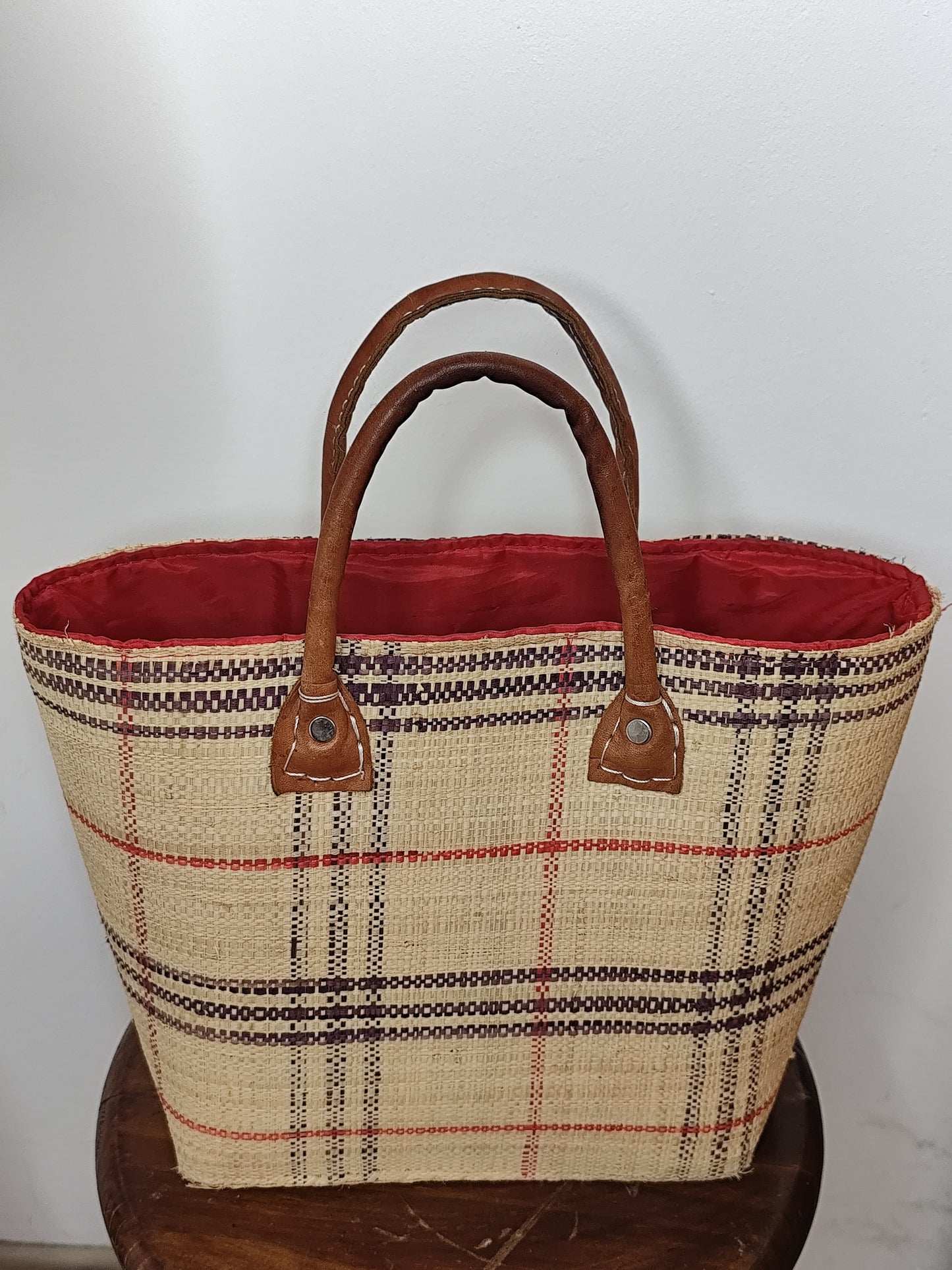 Panier cabas en osier & tissu écossais – Style champêtre chic