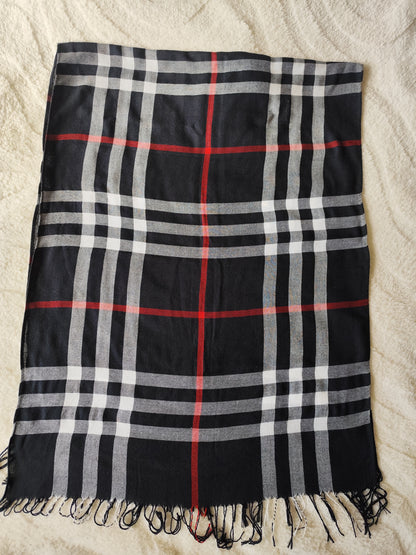 Écharpe motif tartan noir, rouge et blanc - 196 x 66 cm
