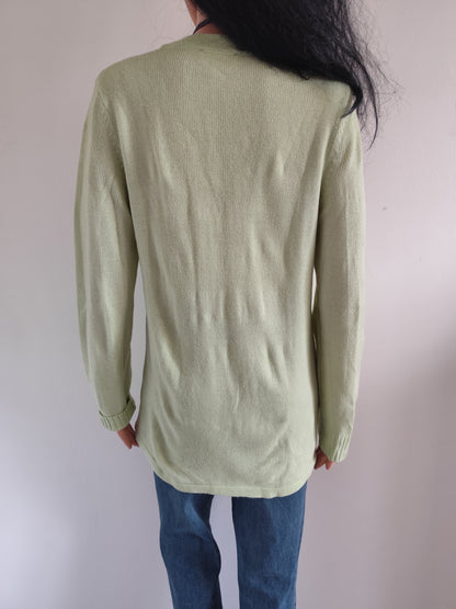 Gilet vert amande Afibel maille ajourée et perles nacrées - taille 38/40