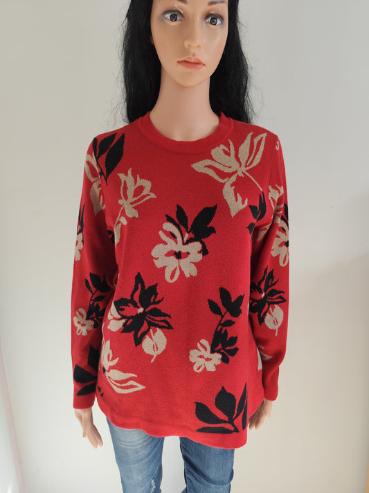 Pull coupe droite rouge à motifs fleurs Brandtex – Taille 38/40