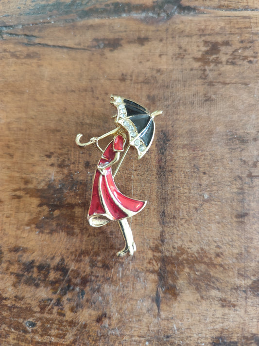 Magnifique Broche et Pendentif 2-en-1 – Silhouette Rétro à l'Ombrelle