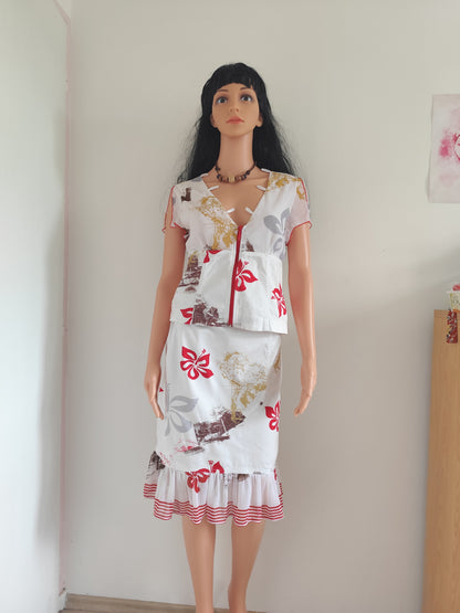 Tailleur Paul Brial – motif floral rouge & chocolat – Taille 3/40 haut et 4/42 jupe