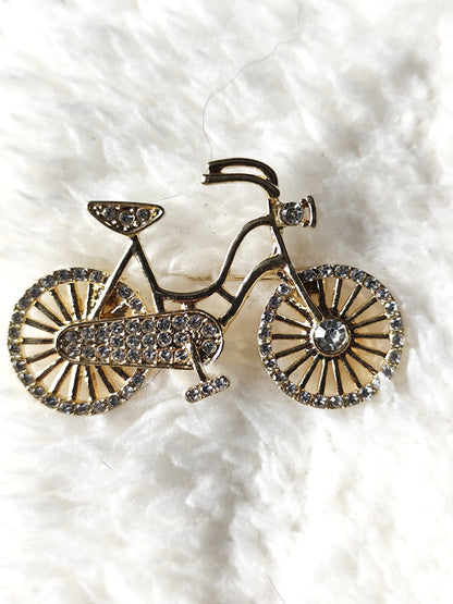 Broche vélo bicyclette vintage dorée et strass