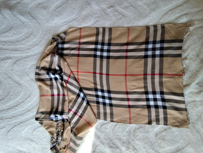 Écharpe motif tartan beige, rouge et noir - 196 x 66 cm