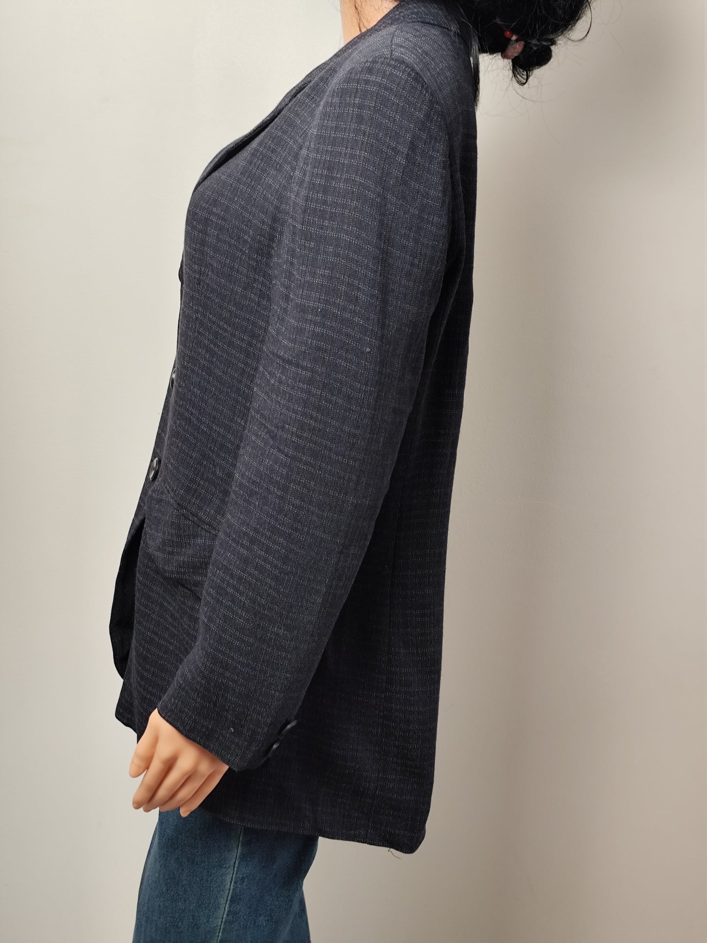 Veste blazer vintage longue à carreaux- 61%  laine – Un Jour Ailleurs – Taille 42