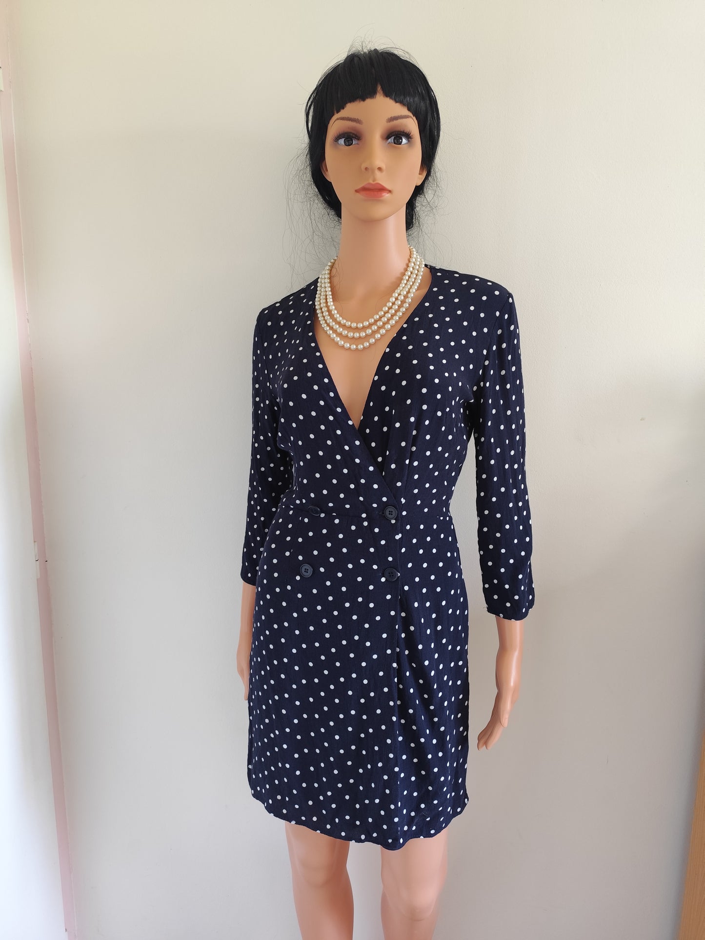 Robe fluide à pois bleu marine – style rétro-chic - Taille 36/S