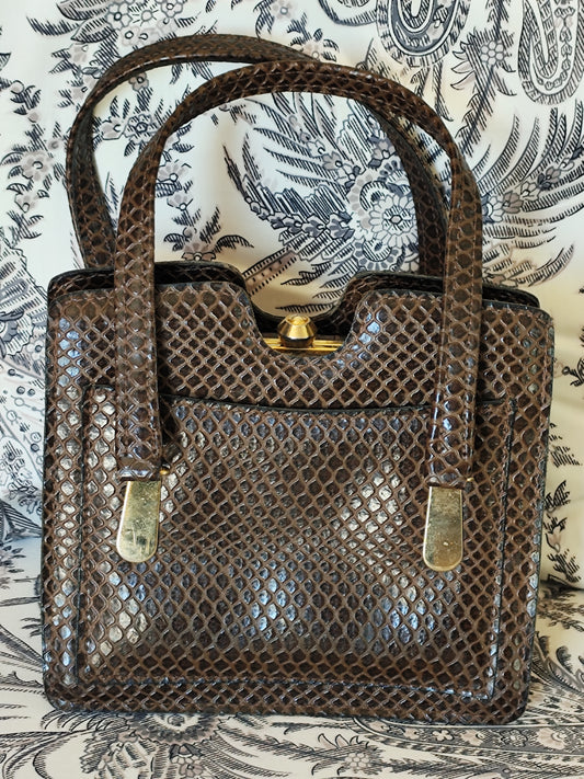 Petit sac à main vintage en cuir véritable façon python - ouverture docteur