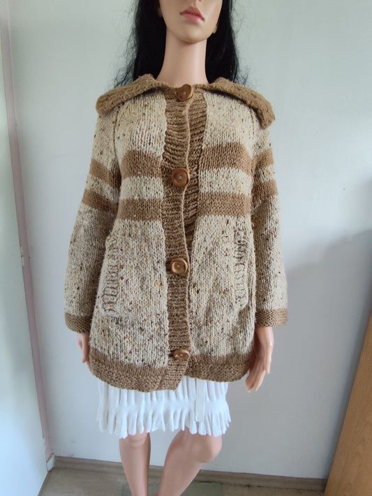 Gilet épais tricoté main - marron et beige chiné – Taille 40/42