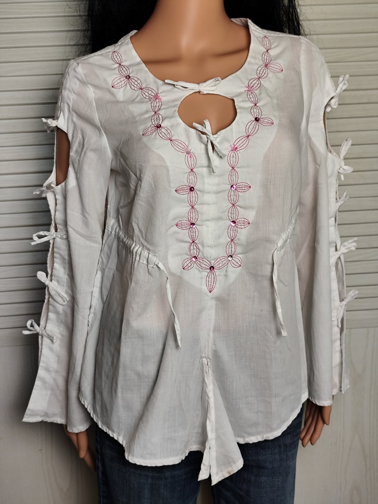 Blouse bohème blanche Ligne à suivre - Détails brodés et liens - Taille 38