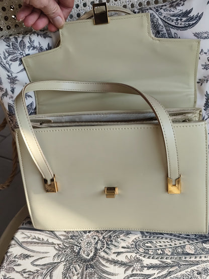 Sac à main vintage en cuir crème forme trapèze