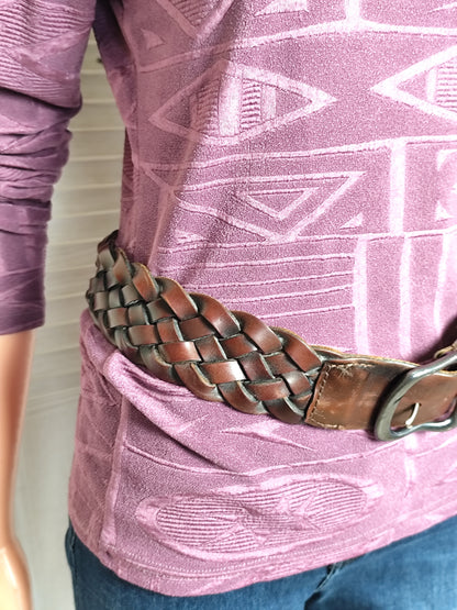 Ceinture vintage en cuir tressé marron - 90 cm