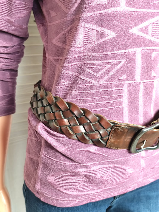 Ceinture vintage en cuir tressé marron - 90 cm