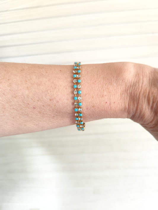 Bracelet doré vintage double rang perles turquoise et cristaux
