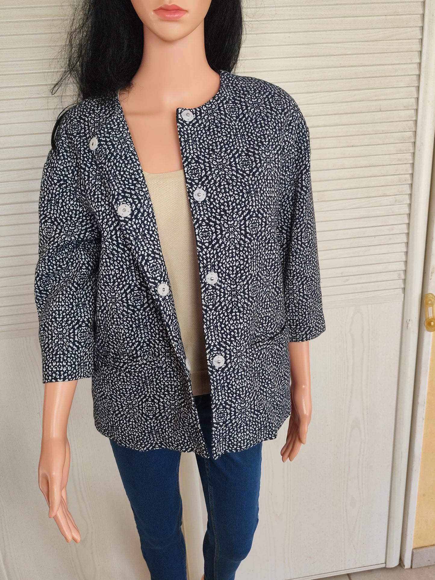 Veste mi saison Monsoon à motif graphique bleu et blanc - Taille 38
