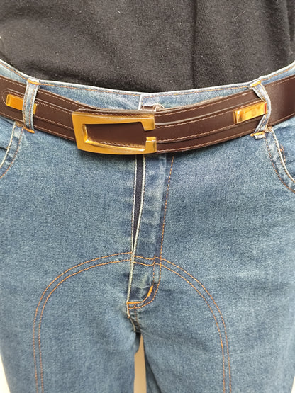 Ceinture marron à boucle dorée rectangulaire – Léo Isba – 95x3 cm