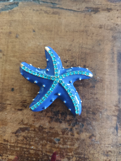 Broche vintage étoile de mer émail bleu et strass turquoise