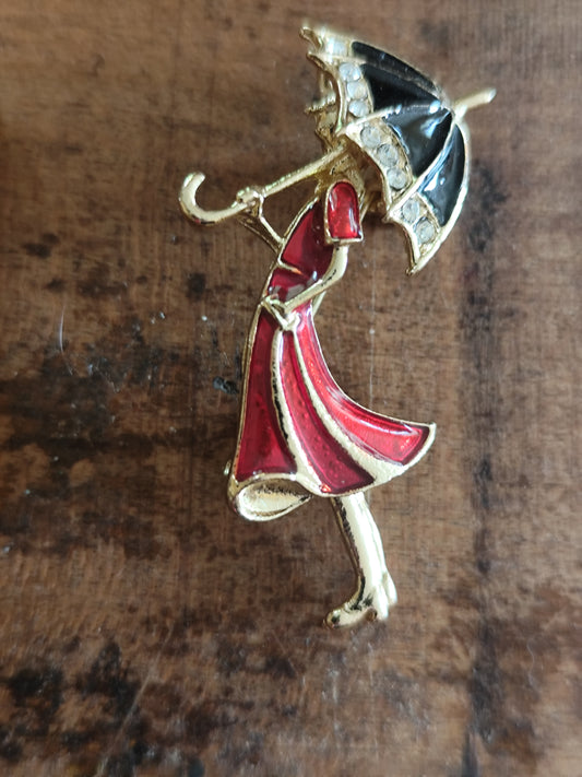 Magnifique Broche et Pendentif 2-en-1 – Silhouette Rétro à l'Ombrelle