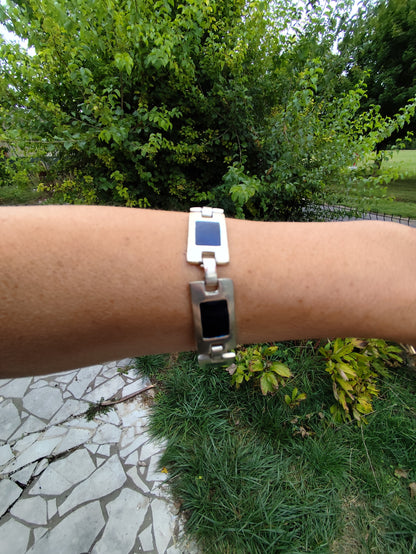 Bracelet vintage argenté à maillons rectangulaires bleu