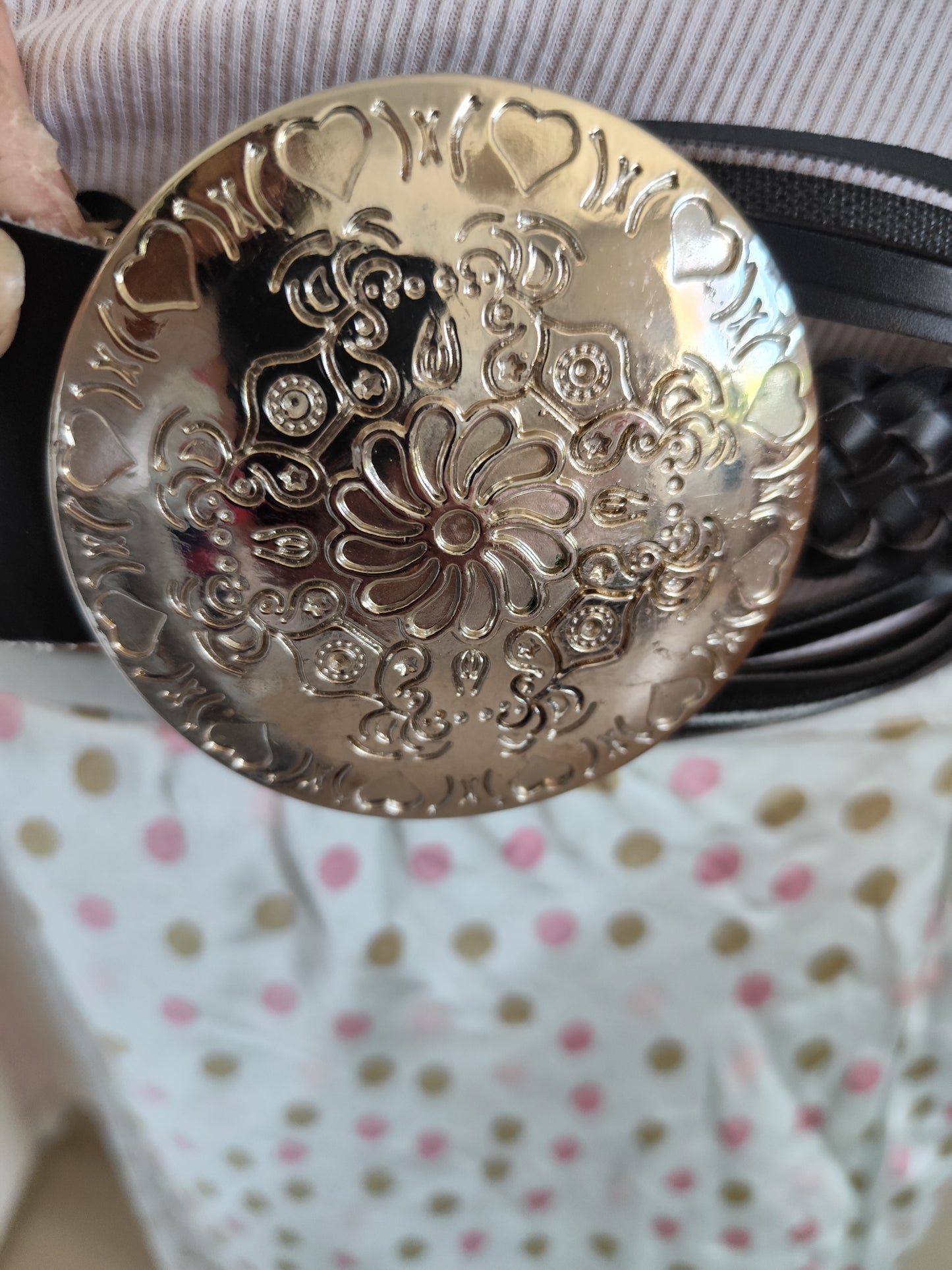 Ceinture noire tressée  boucle ronde gravée - 95 cm