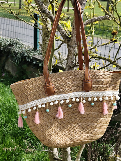 Sac panier d'été CHISIY en paille tressée avec pompons et détails bohèmes