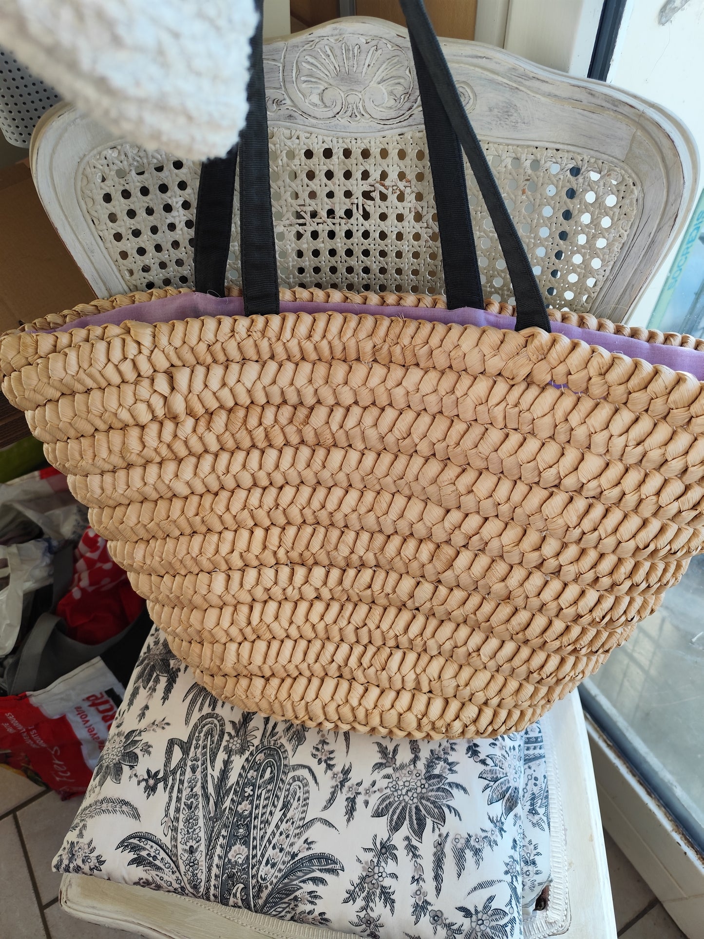 Panier cabas Lanvin Parfums en paille tressée et doublure lilas