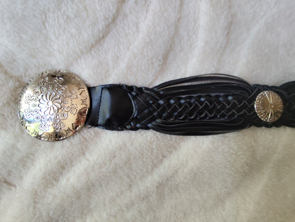 Ceinture noire tressée  boucle ronde gravée - 95 cm