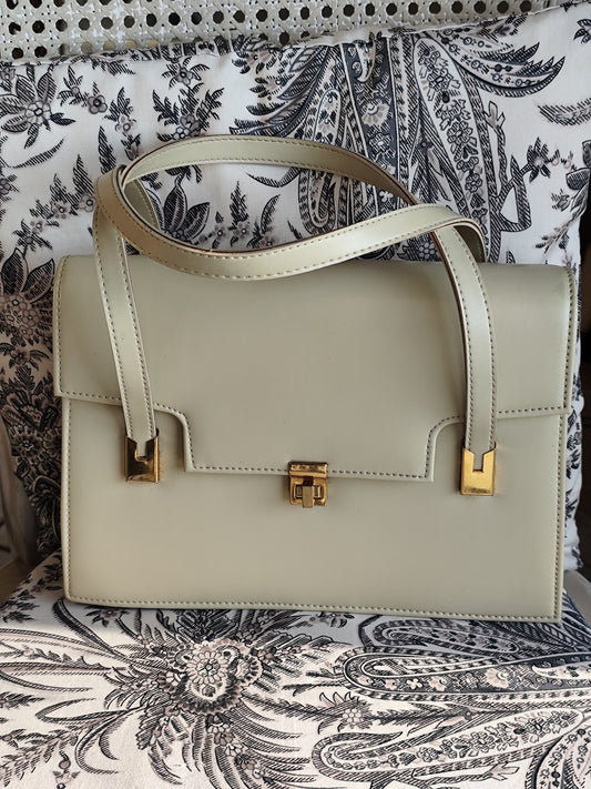 Sac à main vintage en cuir crème forme trapèze