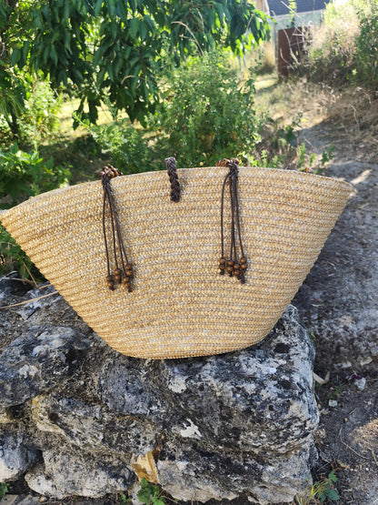 Sac panier avec perles en fibres naturelles