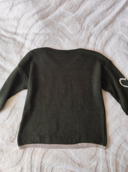 Pull kaki à cœurs – Made in Italy – Taille oversize 42 au 48
