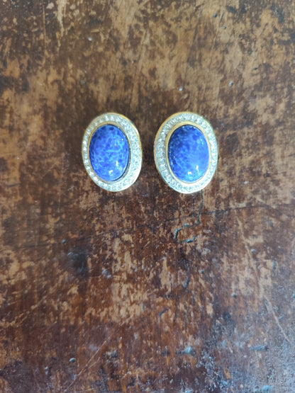 Boucles d’oreilles ovales bleues à strass – Vintage années 80