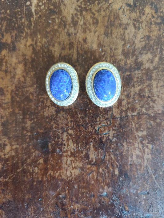 Boucles d’oreilles ovales bleues à strass – Vintage années 80