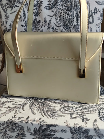 Sac à main vintage en cuir crème forme trapèze