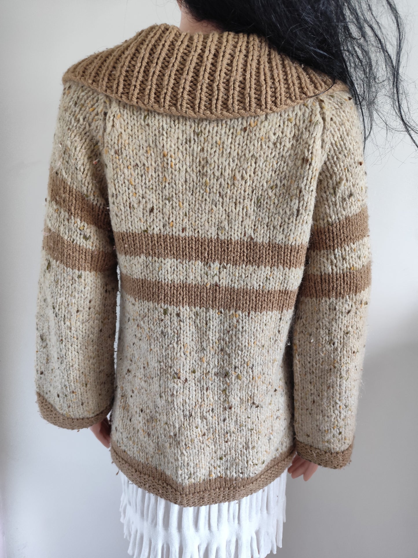 Gilet épais tricoté main - marron et beige chiné – Taille 40/42