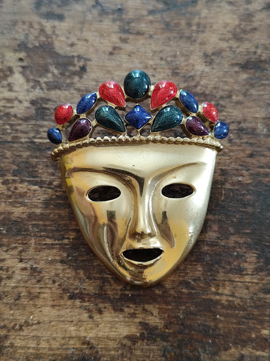 Broche vintage masque doré ornée de perles