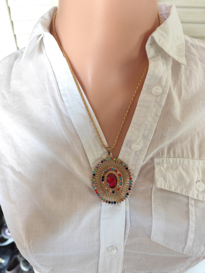 Parure collier et boucles d'oreilles soleil bohème strass multicolores