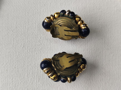 Parure Vintage Années 80/90 – Collier Sautoir & Boucles d’Oreilles – Perles Bleu Nuit & Doré