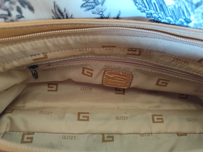 Sac à main porté épaule Glitzy - Imprimé monogramme et finitions camel