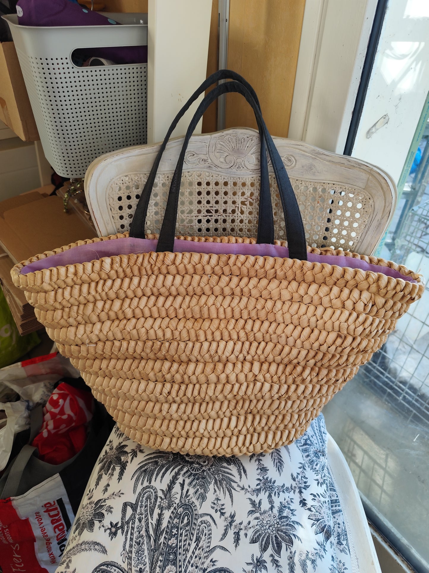 Panier cabas Lanvin Parfums en paille tressée et doublure lilas