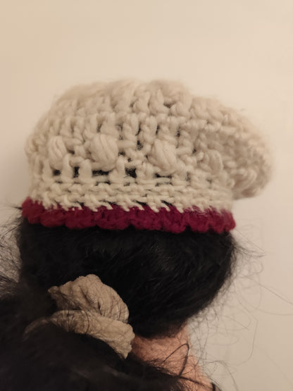 Béret crochet vintage écru et bordeaux - Taille unique