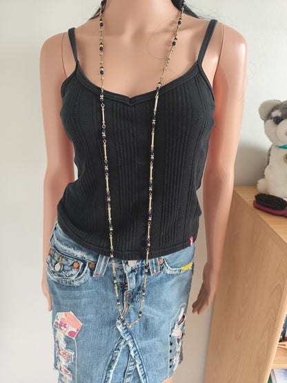 Parure Vintage Années 80/90 – Collier Sautoir & Boucles d’Oreilles – Perles Bleu Nuit & Doré