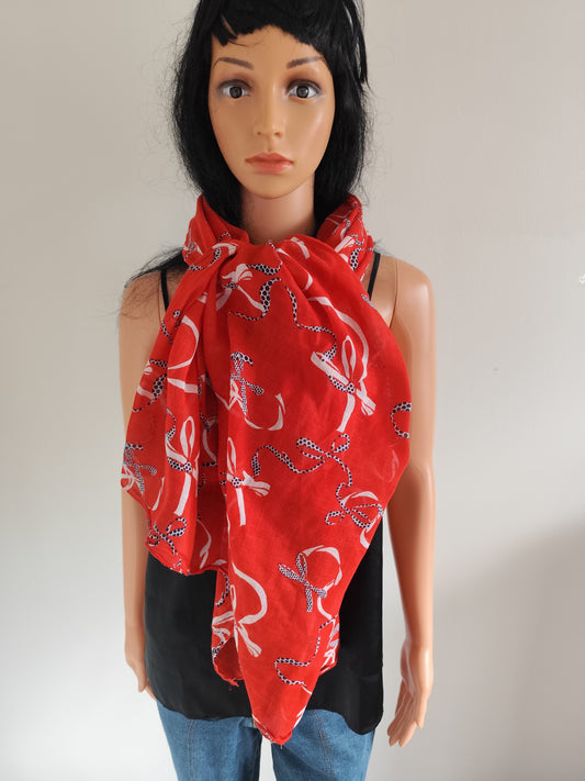 Foulard rouge à nœuds blancs à pois – 100 % coton – 172 x 100 cm