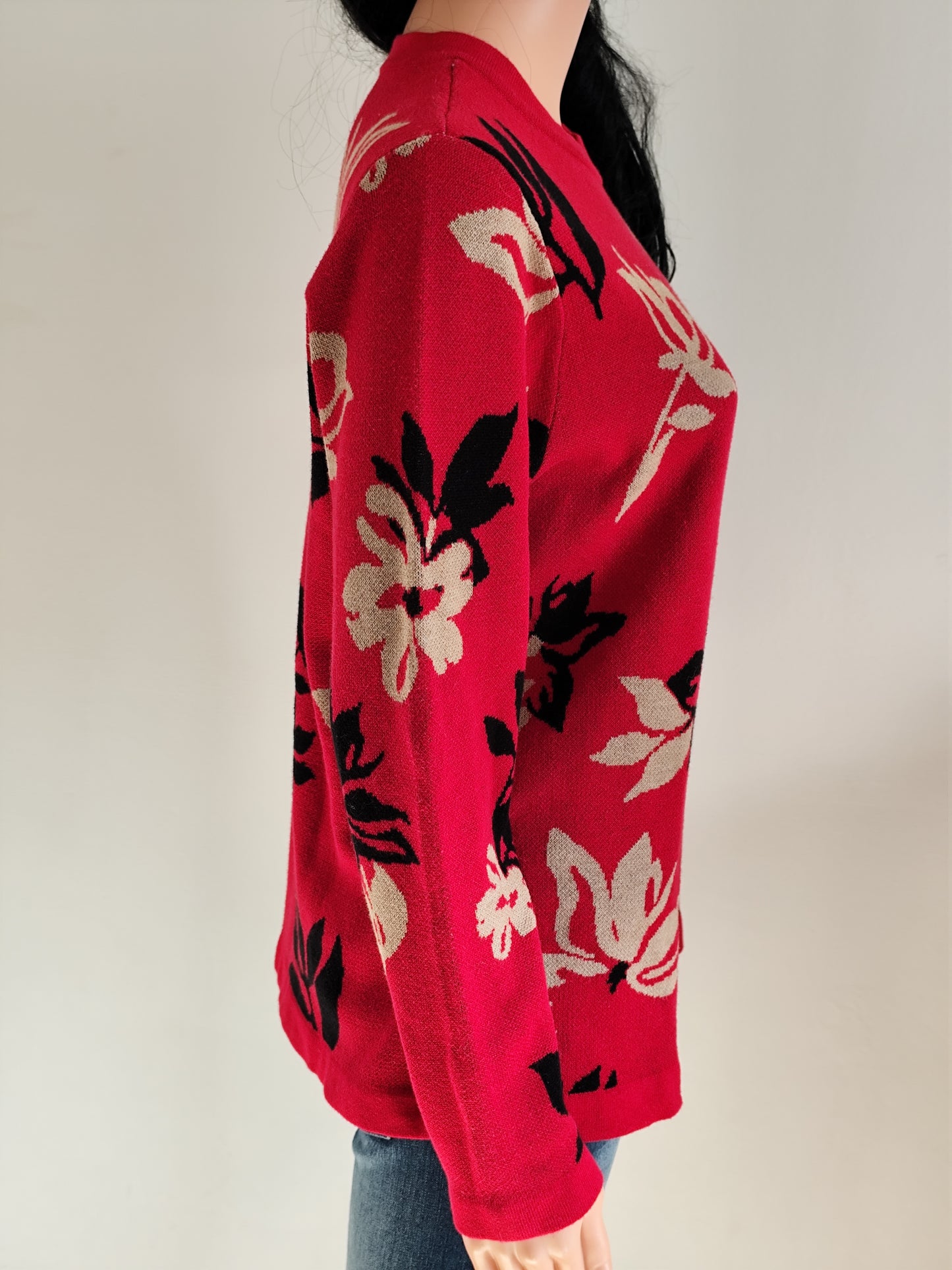 Pull coupe droite rouge à motifs fleurs Brandtex – Taille 38/40